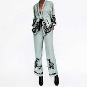 ZARA Velvet Mint Green Embroidered Pants